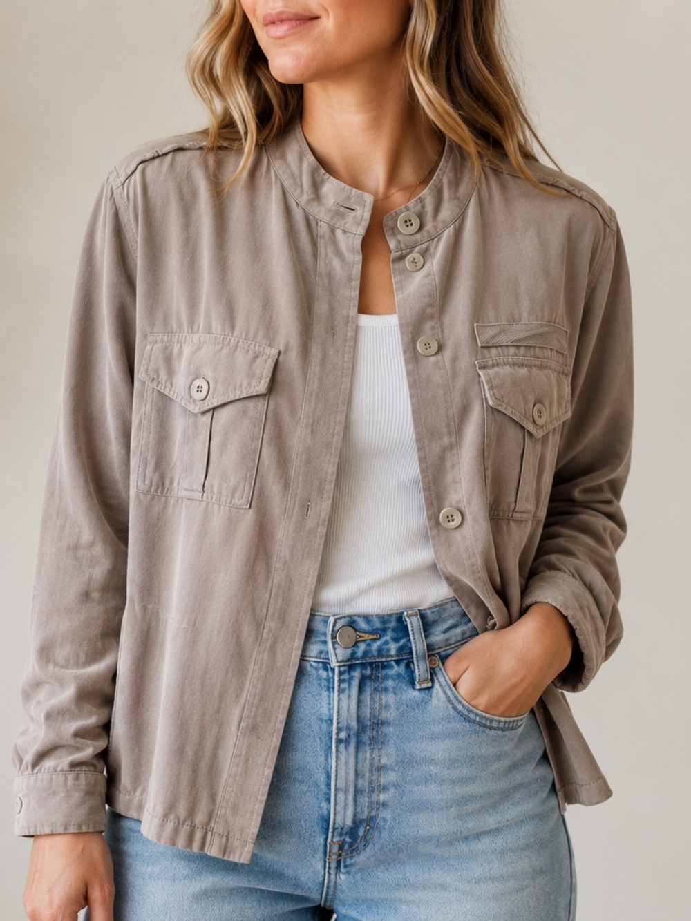 Down East Taupe Utility Button-Front Women's Jacket Size Large NWT